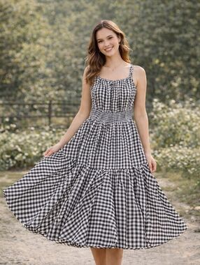 Chelsea & Theodore Gingham Maxi Dress Large Smocked Waist Full Skirt Cottagecore